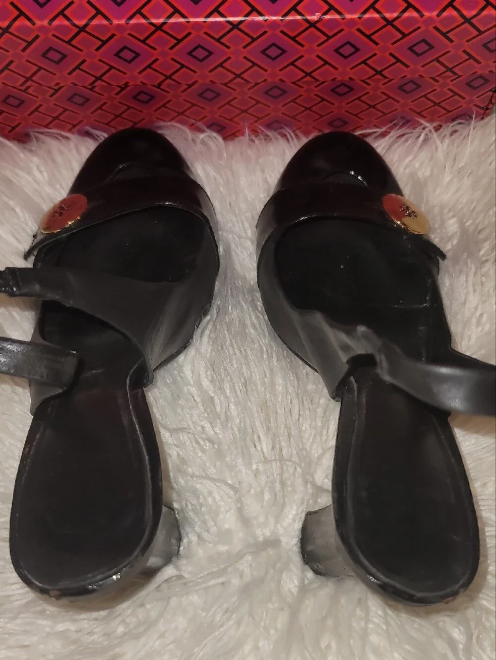 Tory Burch Black Patent Slingback Heels with Gold Logo Accents